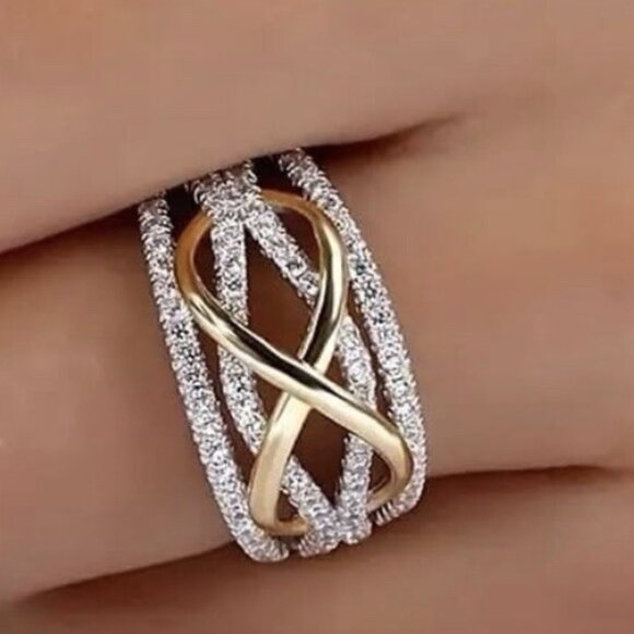 Genuine Diamond Ring Infinity Sterling Silver 18K Gold Crossover Wave size 5 - Picture 2 of 4